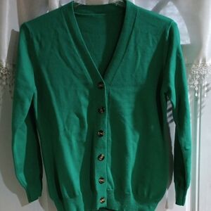 Green V-Neck Button Cardigan Sweater